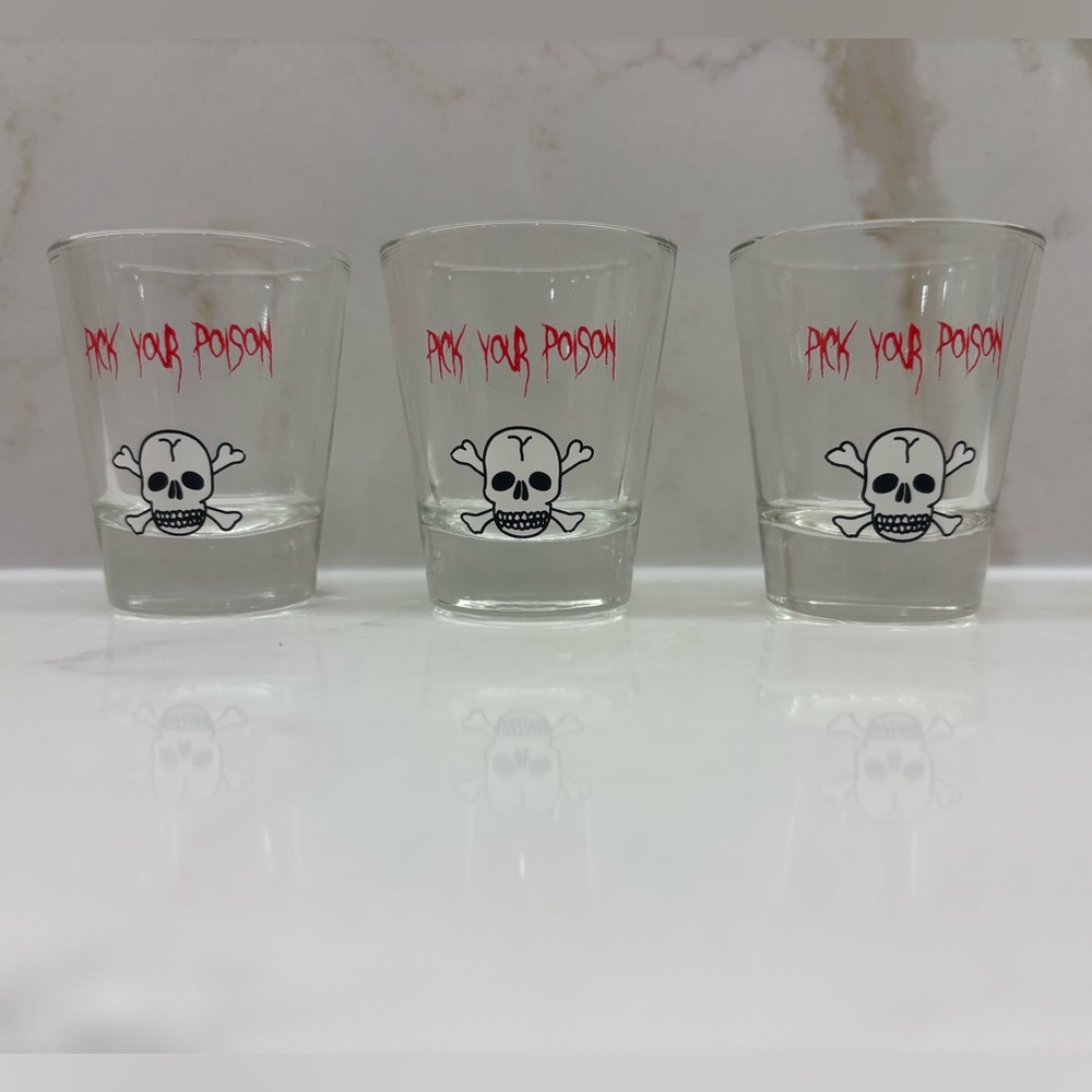 Set of 3 Pick Your Poison Shot Glasses Skull and Cross Bones